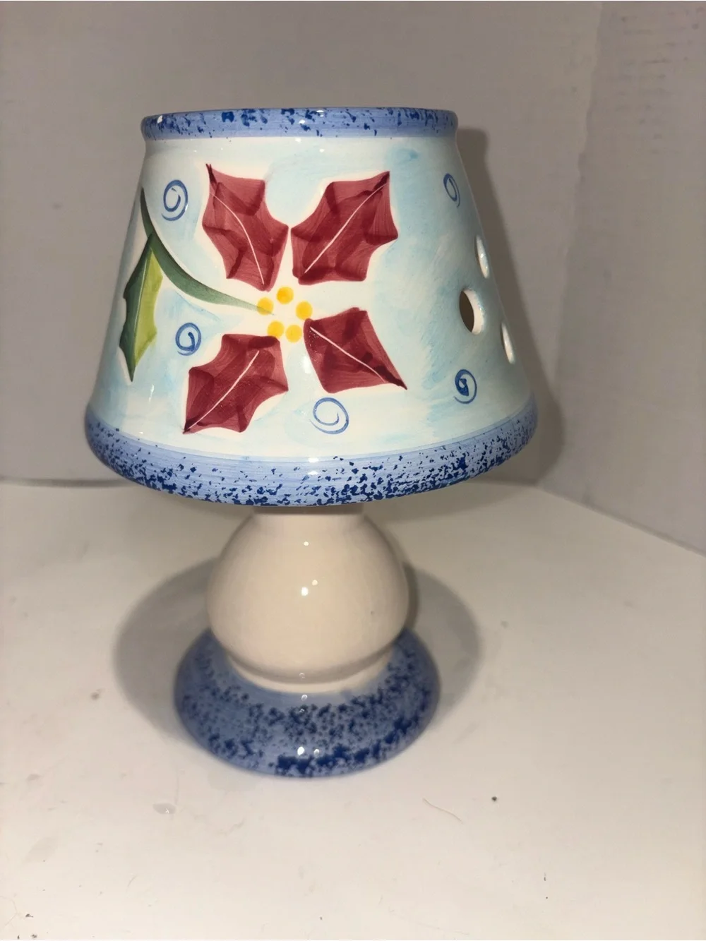 Hand-Painted Floral Ceramic Candle Holder- Blue and Red- Christmas
